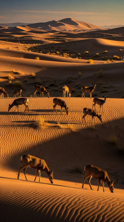Animals walking and grazing in desert sand dunesの写真素材