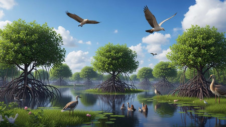 Serene wetland scene with mangroves, birds, and clear water
