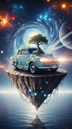 Vintage car on a floating island with a tree in spaceの写真素材