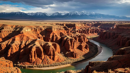 A winding river through red rock canyons