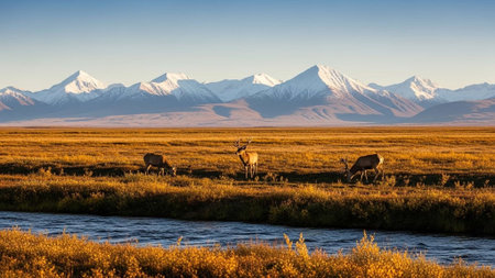 Caribou walking in wetland with mountains in background