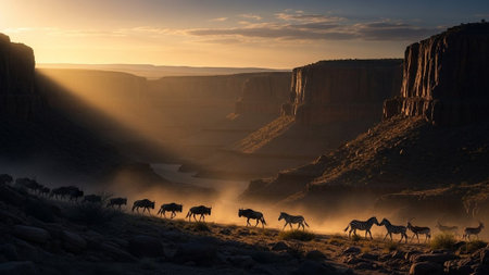 Animals walking in a canyon at sunset
