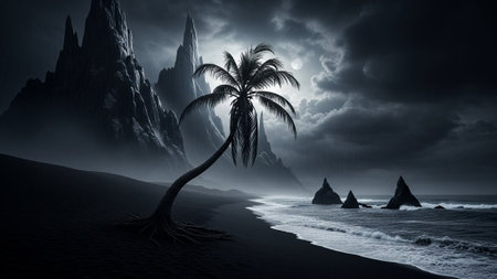 Dark beach scene with palm tree, rocky cliffs, and stormy skyの写真素材