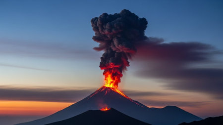 Volcano erupting with lava, ash cloud, and sunset skyの写真素材