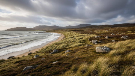 A tranquil beach with waves, grassy dunes, and distant hills under a cloudy sky.の写真素材
