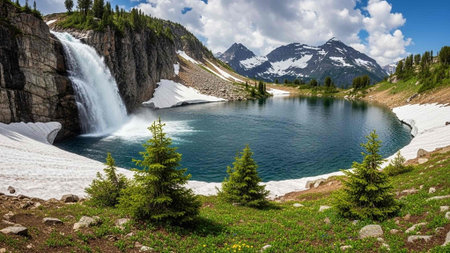 Waterfall cascading into a blue alpine lake with snow