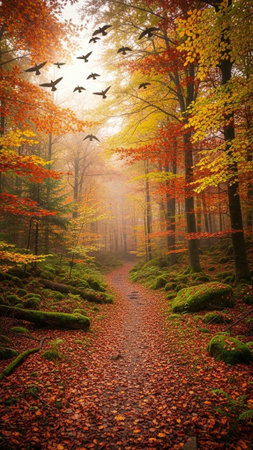 Serene autumn forest path with vibrant leaves and flying birdsの写真素材