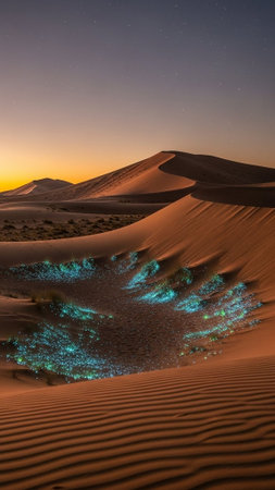 Glowing blue lights in desert sand at duskの写真素材