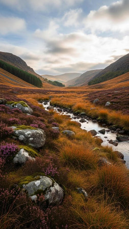 Rocky stream flowing through autumn valley