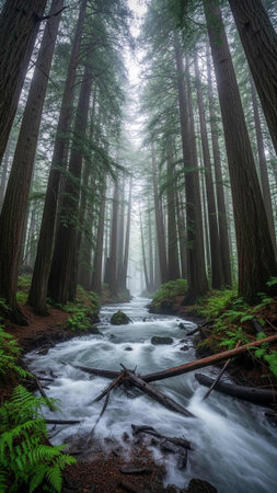 Serene forest stream with tall trees and misty atmosphereの写真素材