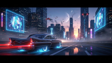 Neon-lit city with flying cars, futuristic buildings, and holographic billboardsの写真素材