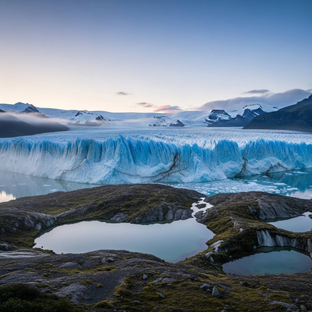Blue glacier with rugged terrain and reflective pools