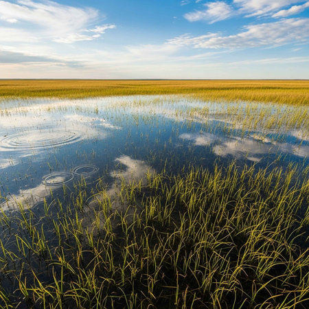 Calm wetland scene with water and tall grass