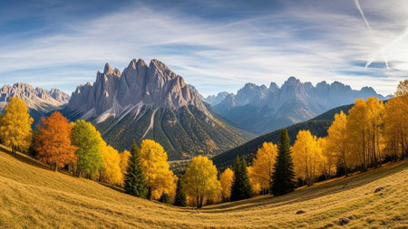 Autumn landscape with mountains and yellow treesの写真素材