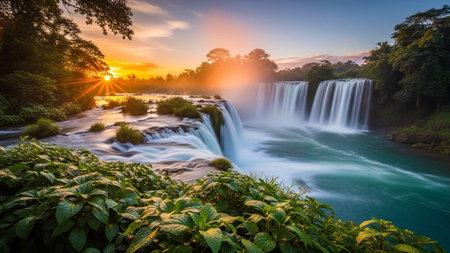 A serene waterfall cascades into a tranquil pool at sunsetの写真素材