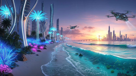 A futuristic cityscape at sunset with drones flying over a beachの写真素材