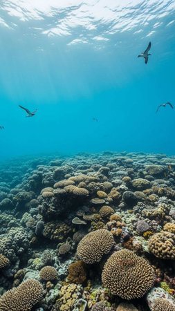 A vibrant underwater scene with coral reef and birds flying overheadの写真素材