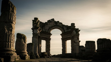 Weathered stone arch and columns in ancient ruinsの写真素材