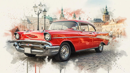 A vintage red car parked on a cobblestone street in a historic European city