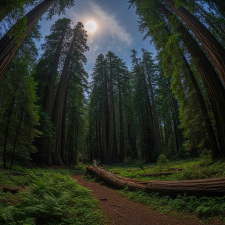 A serene forest landscape with tall trees and a dirt pathの写真素材