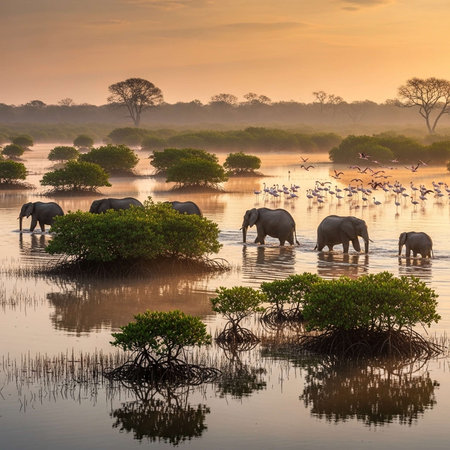 A serene landscape of elephants and birds in a peaceful wetland at sunsetの写真素材