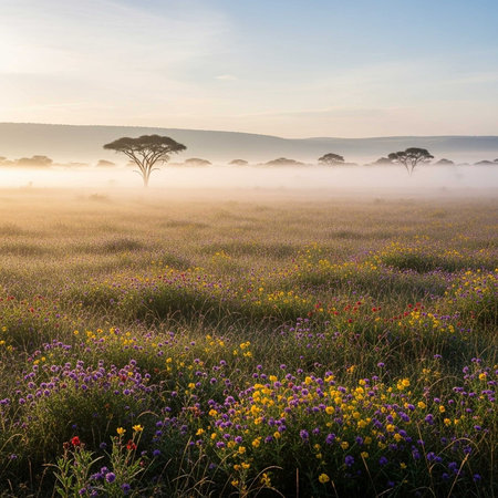 A serene landscape of a foggy meadow with colorful wildflowers at sunrise