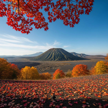 A serene mountain landscape with vibrant autumn foliage and a clear blue skyの写真素材