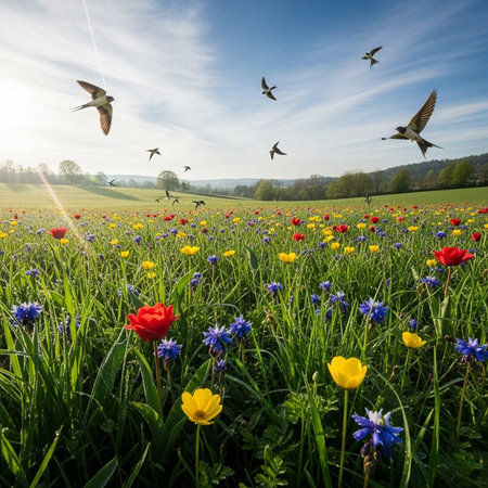 A serene field of vibrant wildflowers with birds flying overhead on a sunny dayの写真素材