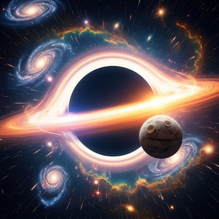 A stunning visual representation of a black hole in space with a moon and galaxies