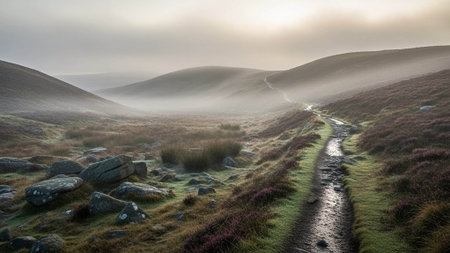A serene landscape of rolling hills and a winding stream at dawnの写真素材
