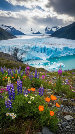 A breathtaking landscape of a glacier surrounded by vibrant flowers and mountainsの写真素材