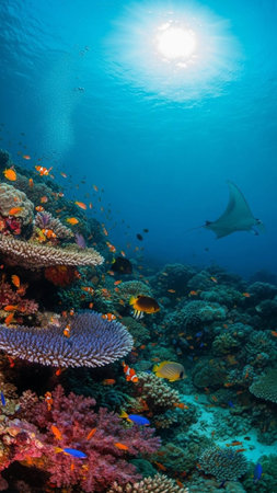 A vibrant underwater scene with a manta ray and coral reef teeming with marine life