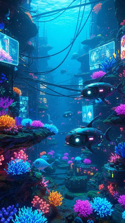 A futuristic underwater city with vibrant coral and marine lifeの写真素材