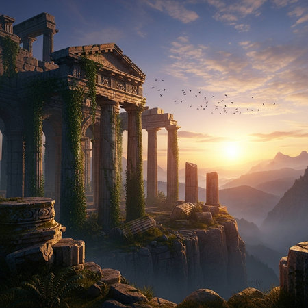 Ancient stone ruins perched on a cliffside at sunset with a mountainous landscapeの写真素材