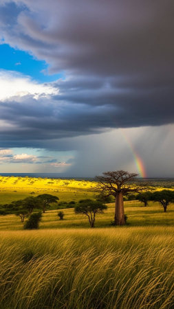 A serene landscape of a tree in a field with a rainbow in the skyの写真素材