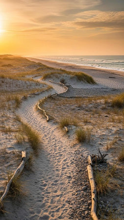 A serene beach path leads to the ocean at sunset