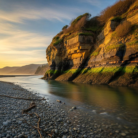 A serene rocky coastline at sunset with calm waters and pebbles