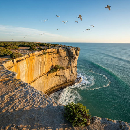 A stunning cliffside landscape with ocean waves and seagulls in flight