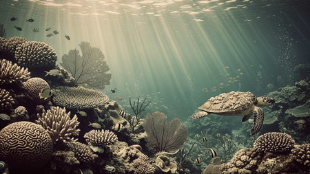 A serene underwater scene with a sea turtle swimming near coral reef