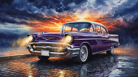 A vintage purple car parked on a wet cobblestone road during a dramatic stormy sunset