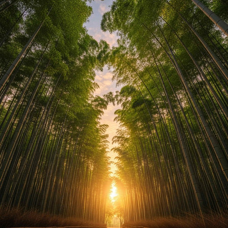 A serene forest landscape with tall trees at sunset