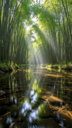 A serene bamboo forest with a calm stream and sunlight filtering through the trees