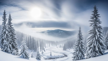 A serene winter landscape with snow-covered trees and mountains under a cloudy skyの写真素材