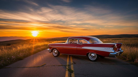 A vintage red car parked on a deserted road at sunset