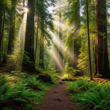 A serene forest path with sunlight filtering through the trees