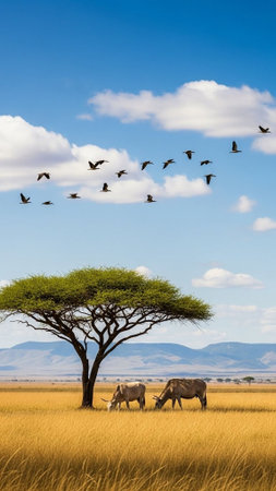 A serene savannah landscape with animals grazing under a treeの写真素材
