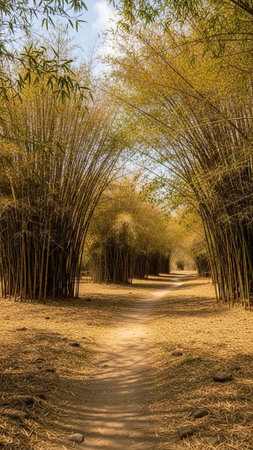 A serene pathway through a bamboo forest on a sunny day