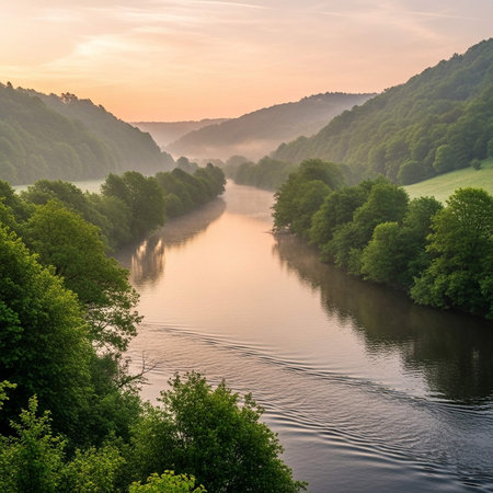 A serene river flows through a lush green valley at sunset