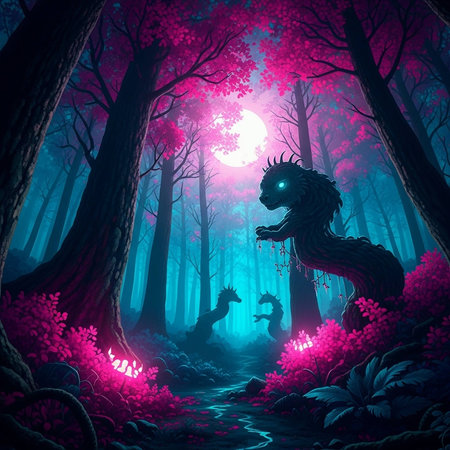 A mystical dragon stands in a vibrant pink and blue forest under a full moonの写真素材