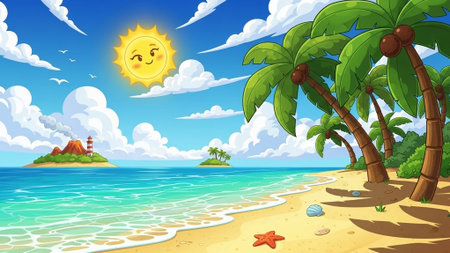A cartoon beach scene with palm trees and a smiling sun in the skyの写真素材